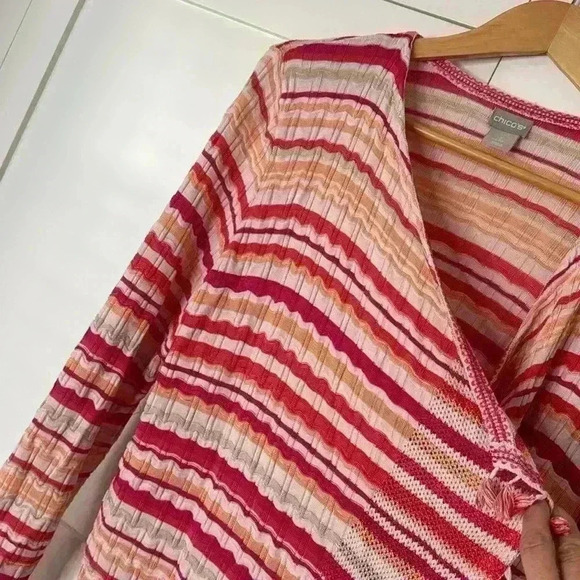 Chico's Knit Sweater Cardigan Open Front Waterfall Fringe Edge Chico's Size 2 - Picture 4 of 13